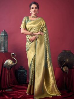 Odette - Green Silk Blend Woven Saree with Unstitched Blouse