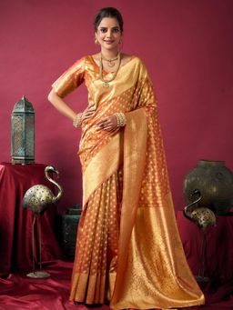 Odette - Orange Silk Blend Woven Saree with Unstitched Blouse