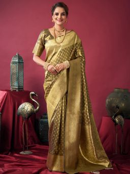 Odette - Olive Silk Blend Woven Saree with Unstitched Blouse