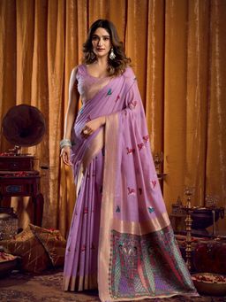 Odette - Lavender Cotton Blend Woven Saree with Unstitched Blouse