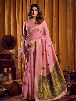 Odette - Pink Cotton Blend Woven Saree with Unstitched Blouse