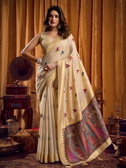Odette - Cream Cotton Blend Woven Saree with Unstitched Blouse