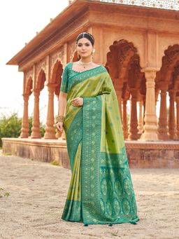 Odette - Green Silk Blend Woven Banarasi Saree with Unstitched Blouse