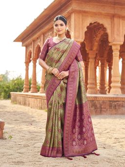 Odette - Olive Silk Blend Woven Banarasi Saree with Unstitched Blouse