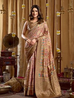 Odette - Beige Silk Blend Printed Banarasi Saree with Unstitched Blouse