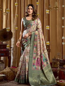 Odette - Olive Silk Blend Printed Banarasi Saree with Unstitched Blouse