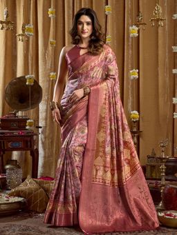 Odette - Pink Silk Blend Printed Banarasi Saree with Unstitched Blouse