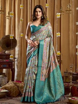 Odette - Teal Silk Blend Printed Banarasi Saree with Unstitched Blouse