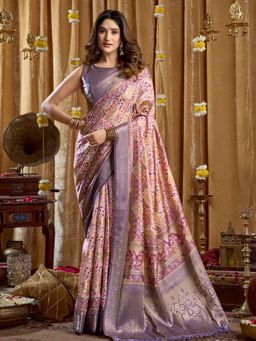 Odette - Purple Silk Blend Printed Banarasi Saree with Unstitched Blouse
