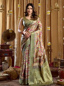 Odette - Olive Silk Blend Printed Banarasi Saree with Unstitched Blouse