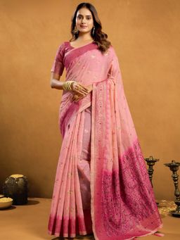 Odette - Pink Cotton Blend Woven Saree with Unstitched Blouse