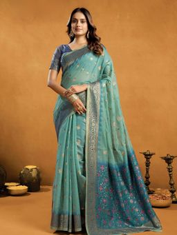 Odette - Blue Cotton Blend Woven Saree with Unstitched Blouse