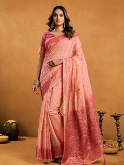 Odette - Peach and Mauve Cotton Blend Woven Saree with Unstitched Blouse