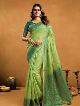 Odette - Green Cotton Blend Woven Saree with Unstitched Blouse