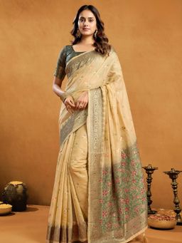 Odette - Yellow Cotton Blend Woven Saree with Unstitched Blouse
