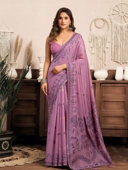 Odette - Purple Cotton Blend Printed Saree with Unstitched Blouse