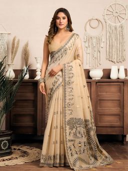 Odette - Beige Cotton Blend Printed Saree with Unstitched Blouse