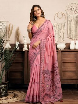 Odette - Pink Cotton Blend Printed Saree with Unstitched Blouse