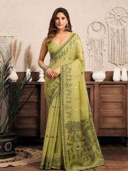 Odette - Green Cotton Blend Printed Saree with Unstitched Blouse