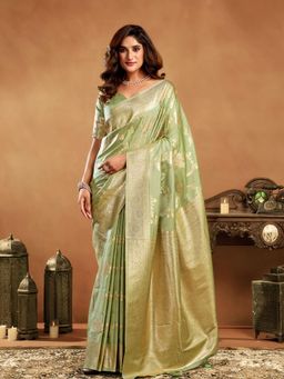 Odette - Green Silk Blend Woven Saree with Unstitched Blouse