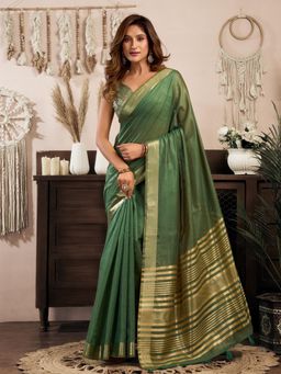 Odette - Green Cotton Blend Woven Saree with Unstitched Blouse