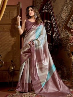 Odette - Mauve Cotton Blend Printed Saree with Unstitched Blouse