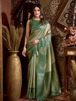 Odette - Green Cotton Blend Printed Saree with Unstitched Blouse