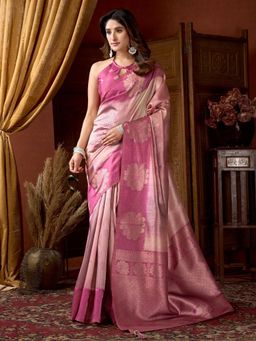 Odette - Pink Cotton Blend Printed Saree with Unstitched Blouse