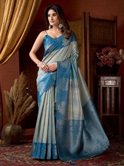 Odette - Teal Cotton Blend Printed Saree with Unstitched Blouse