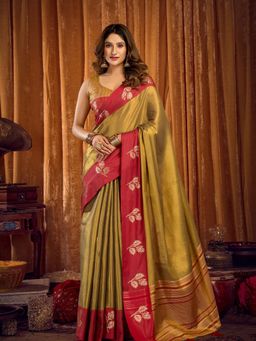 Odette - Green Blend Woven Saree with Unstitched Blouse