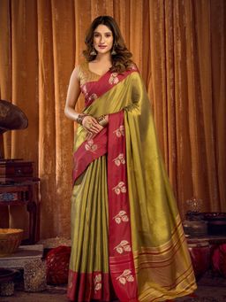 Odette - Olive Silk Blend Woven Saree with Unstitched Blouse