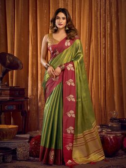 Odette - Green Silk Blend Woven Saree with Unstitched Blouse