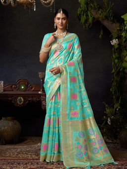 Odette - Blue Cotton Blend Woven Saree with Unstitched Blouse