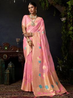 Odette - Pink Cotton Blend Woven Saree with Unstitched Blouse
