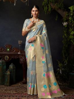 Odette - Grey Cotton Blend Woven Saree with Unstitched Blouse