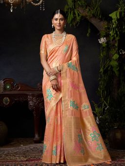 Odette - Peach Cotton Blend Woven Saree with Unstitched Blouse