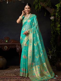 Odette - Green Cotton Blend Woven Saree with Unstitched Blouse