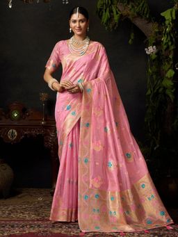 Odette - Pink Cotton Blend Woven Saree with Unstitched Blouse