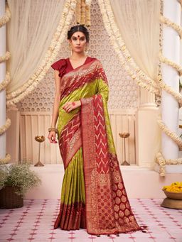 Odette - Green Blended Raw Silk Saree with Unstitched Blouse