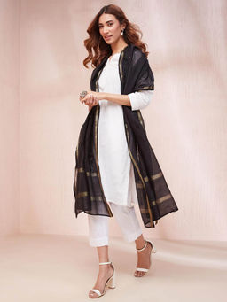 Fabindia - Black Cotton Silk Blend Embroidered Dupatta