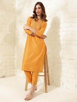 Fabindia - Mustard Cotton Silk Embroidered Kurta with Pant (Set of 2)