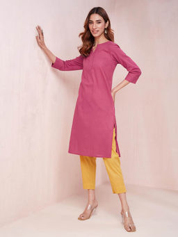 Fabindia - Pink Cotton Regular Fit Knee Length Kurta