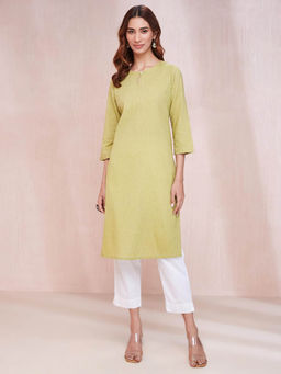 Fabindia - Green Cotton Slim Fit Knee Length Kurta