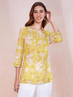 Fabindia - Yellow Cotton Block Printed Slim Fit Tunic