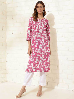 Fabindia - Pink Cotton Hand Block Printed Kurta