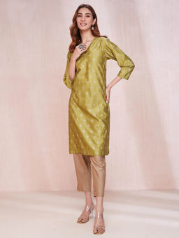Fabindia - Green Cotton Silk Embellished Regular Fit Kurta