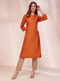 Fabindia - Rust Cotton Silk Embellished Kurta