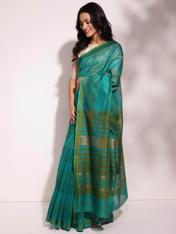 Fabindia - Teal Cotton Silk Blend Maheshwari Sari