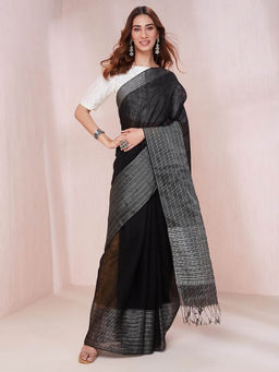 Fabindia - Black Linen Blend Woven Saree