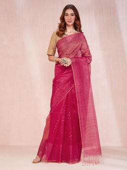 Fabindia - Pink Silk Blend Woven Saree
